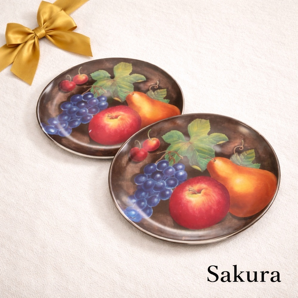 2 Sakura Delicious Dinnerware Plates Vibrant Fruit Design On Brown Undamaged 10”